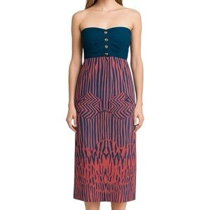 Twelfth Street by Cynthia Vincent Strapless Silk Midi Dress 2 Boho Tribal Teal